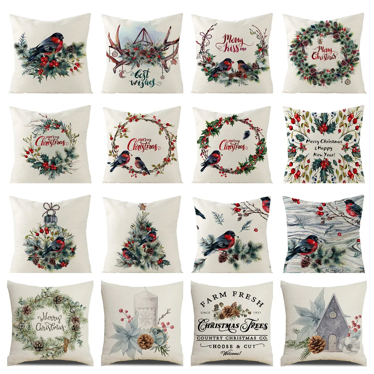 

Linen Christmas Pillow Covers Wreath Bird Printing Pillowcase Christmas Decor for Home Sofa Car 45x45 Cushion Covers Home Decor