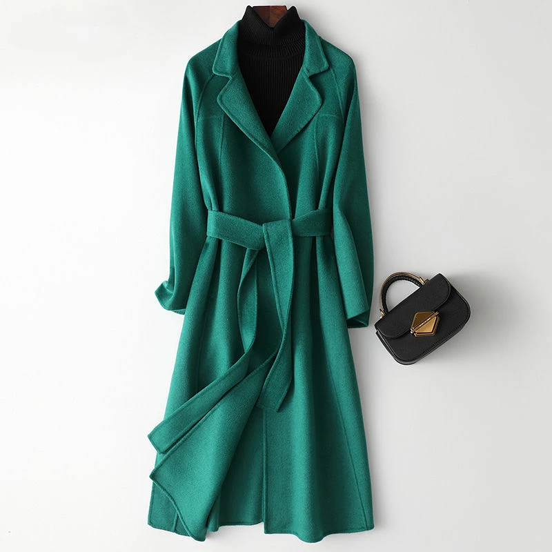 

Осеннее длинное шерстяное пальто SWREDMI, Женская кашемировая Двусторонняя одежда, однотонное высококачественное элегантное искусственное пальто с поясом