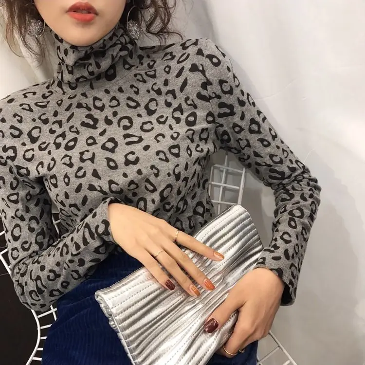 Женская футболка с леопардовым принтом осенне-зимняя Водолазка длинным рукавом