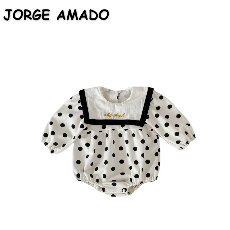 

New Autumn Baby Girl Bodysuit Black Dot Long Sleeves Round Collar Embroidery Letter Cotton Jumpsuit Newborn Clothes E2193