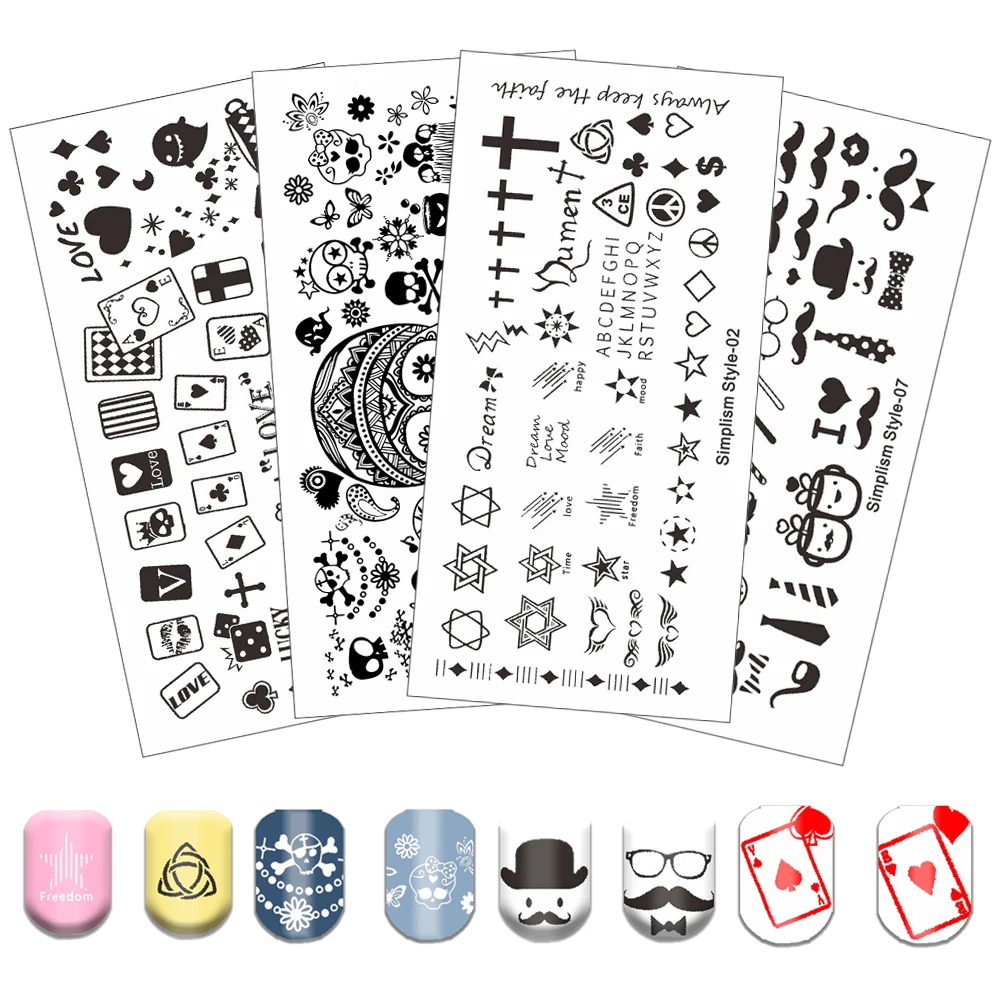 

Cross Skull Head Nail Stamping Plates Feather Poker Stamping Nail Art Manicure Template DIY Cat Glasses Nail Stamp Tools Chain