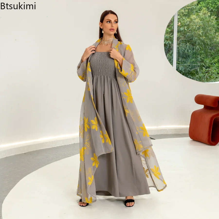 2023 Women Abaya Embroidery Chic and Elegant Woman Dress Mesh Cardigan Belted Kaftan and Solid Gray Camisole Dress Muslim Sets