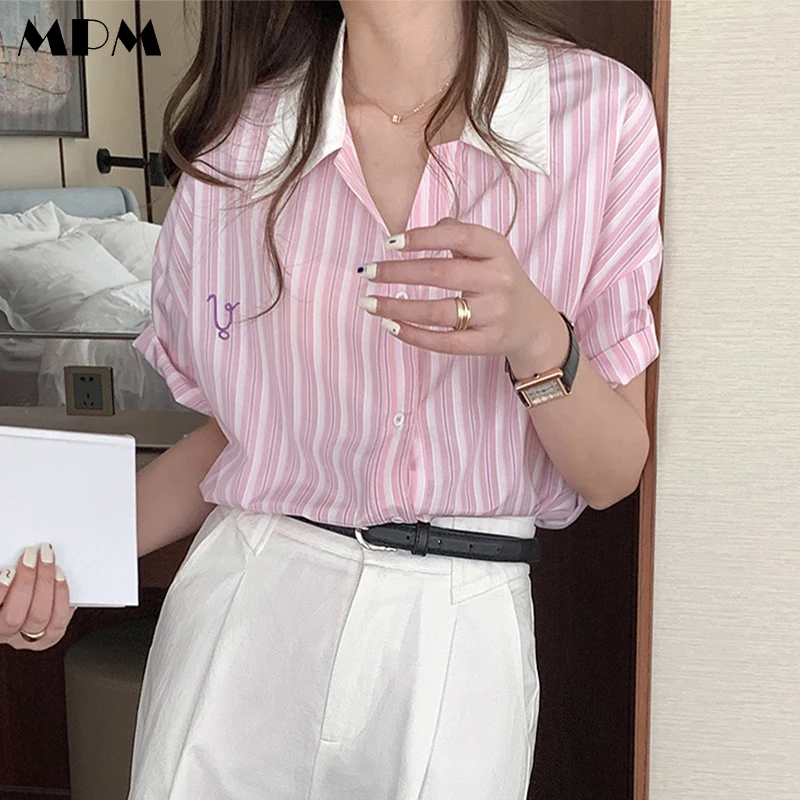 

Elegant Short Sleeve Striped Blouse Loose Fashion Turn-Down Collar Women's Top Casual Embroidered Women Shirts 2022 New