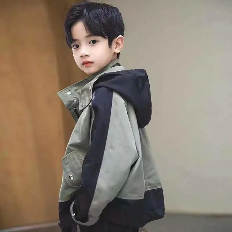 

4-10 Years Boys Hooded Patchwork Trench Coat Toddler Kids Double Layer Jackets for Boys Autumn Casual Outerwear