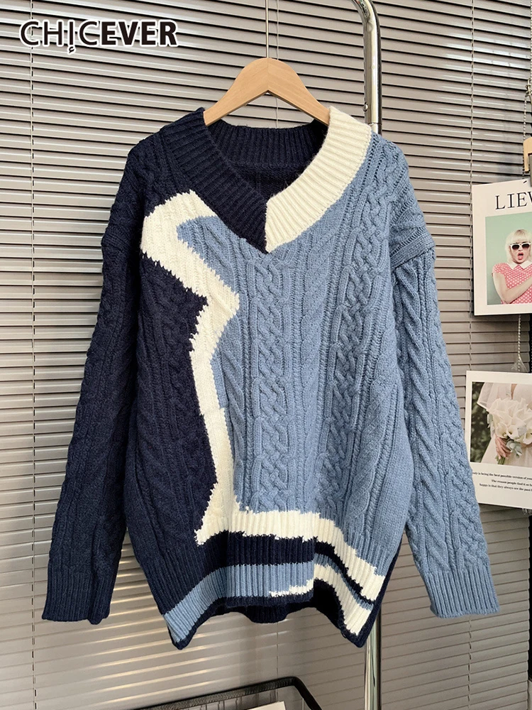 

CHICEVER хит, цветной вязаный свитер для женщин, v-образный вырез, длинный рукав, в стиле пэчворк, винтажный пуловер, элегантные свитера для женщин, осень, Новинка