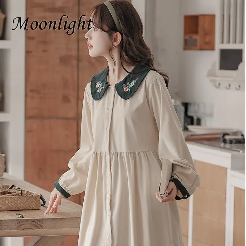 

Vintage Flower Embroidery Corduroy Dress Women Kawaii Peter Pan Collar Long Sleeve Dress Japanese Fashion Preppy Style Vestidos