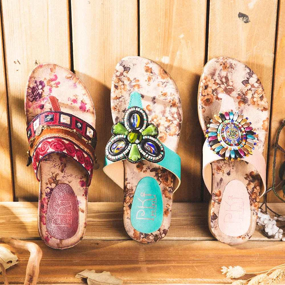 

2022 New Beaded Flip Flops Flower Printing Clip Toe Beach Sandals Thick Bottom Platform Flip Flops Anti-slip Comfortable Shoes
