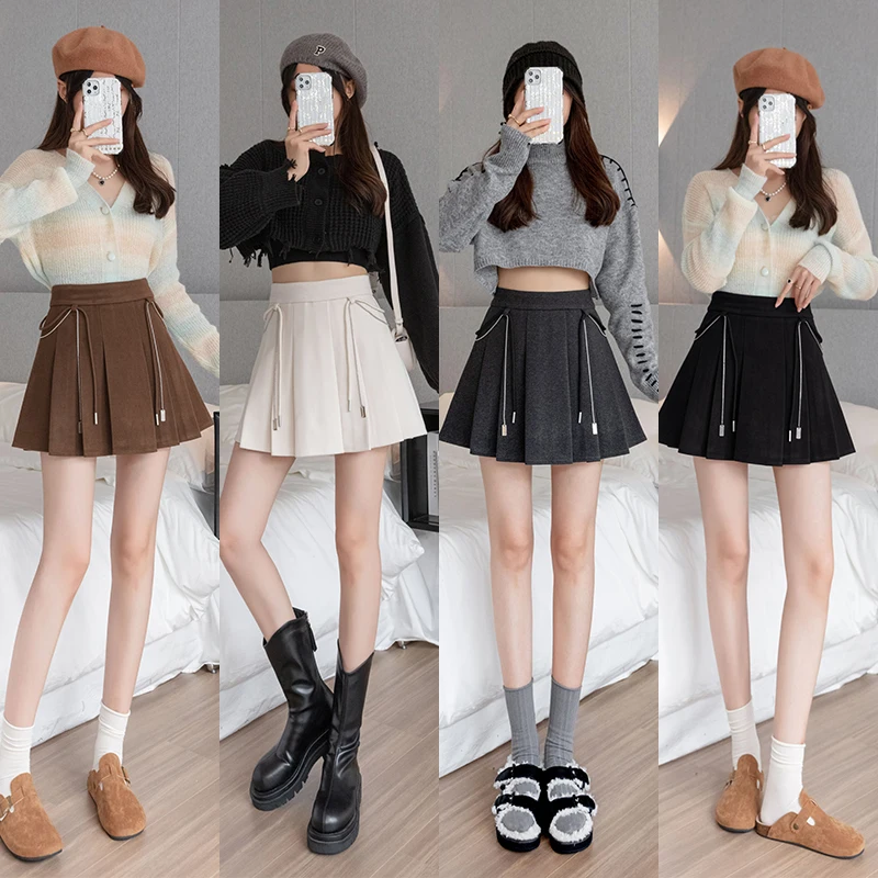 Женская шерстяная плиссированная юбка бежевая черная серая мини-юбка с высокой