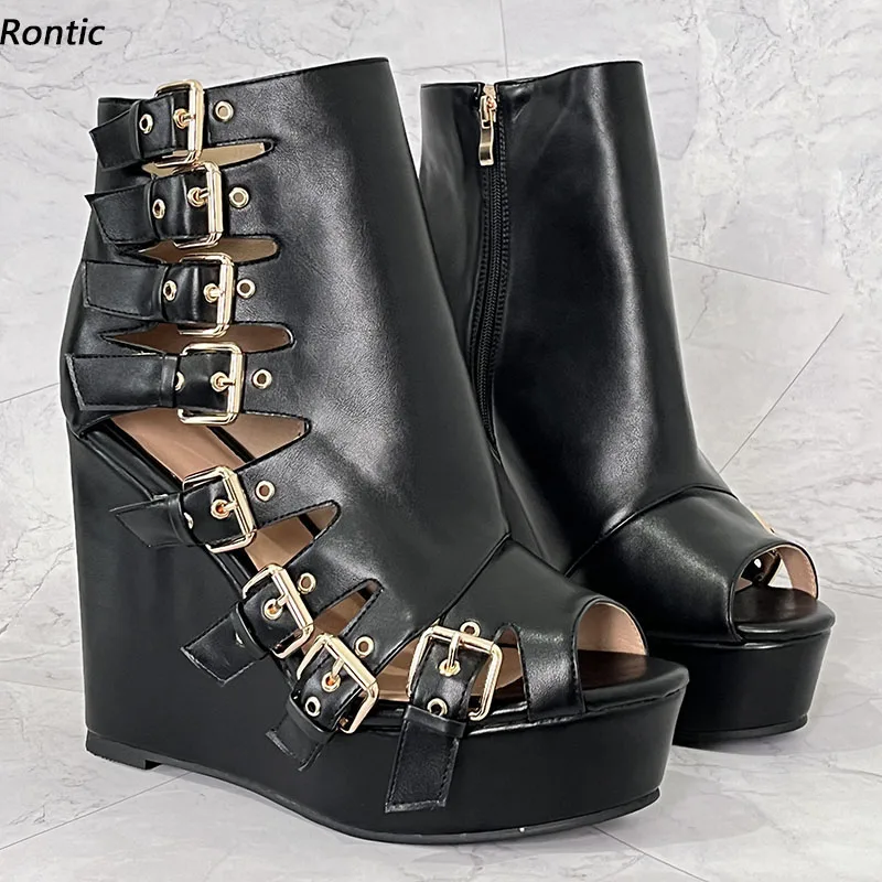 

Сандалии Rontic женские на платформе, классические туфли на танкетке, высокий каблук, круглый носок, ручная работа, цвет черный, размеры США 5-20, лето
