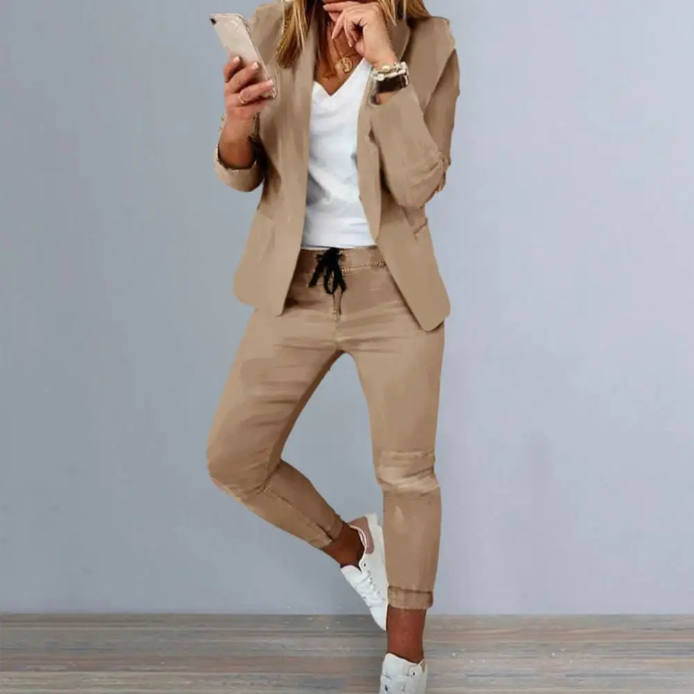 

Комплект брюк до щиколотки, стильный женский деловой костюм, облегающие брюки с длинным рукавом, однотонные брюки с поясом на резинке и кулиской