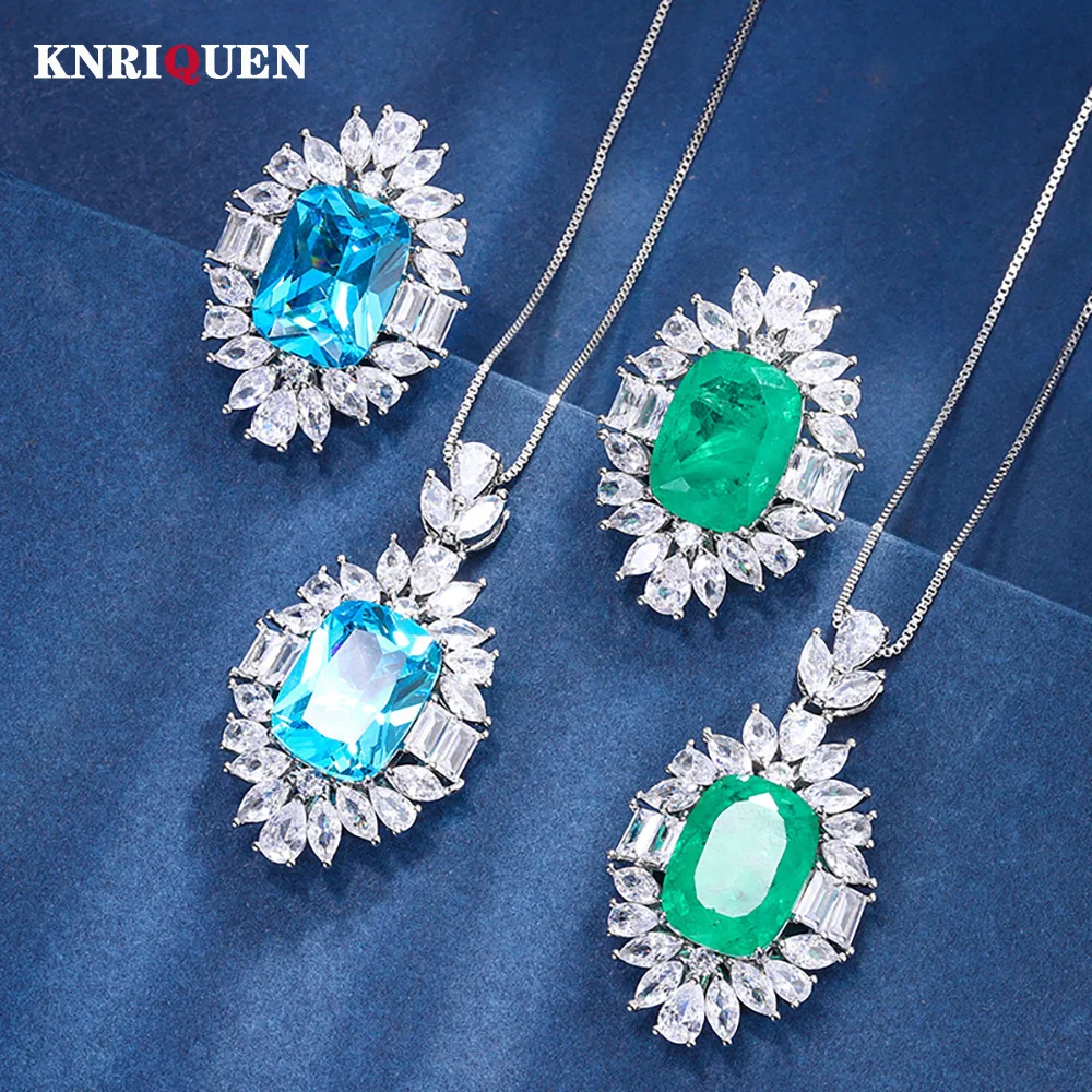 

Retro 12*16mm Emerald Aquamarine Gemstone Jewelry Set for Women Lab Diamond Wedding Party Pendant Necklace Ring Gift Wholesale