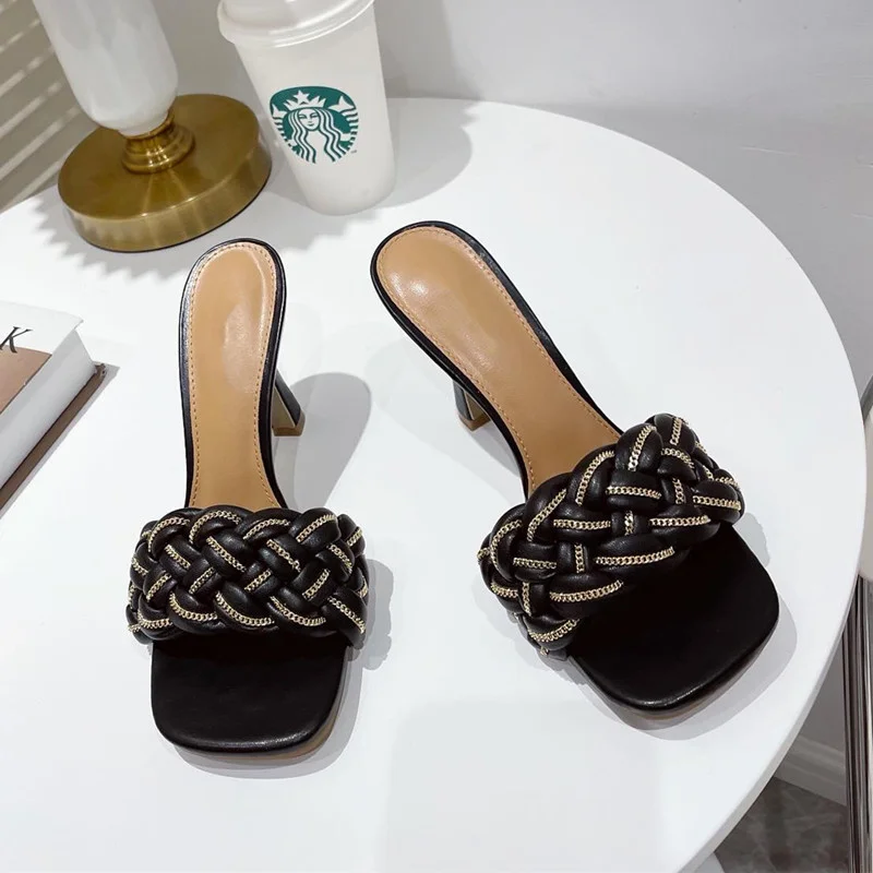 

style Fashion Weave Chains Women Slippers Sandals Female High heels Mules Slides Casual Outside Vacation Slippers Shoes