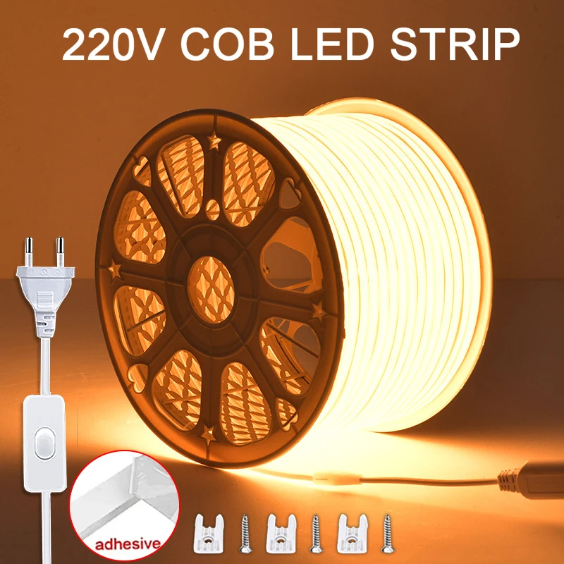 Фото Светодиодная лента COB 220 В с переключателем ВКЛ-ВЫКЛ Супер яркая светодиодная лента COB Лента с вилкой европейского стандарта Клейкие фонари для кухни Наружное освещение №1