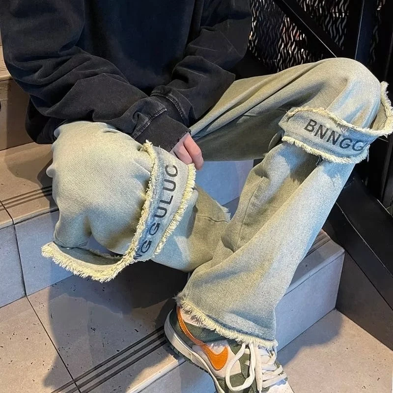 DEEPTOWN Embroidered Straight Jeans Men Vintage Fashion Denim Wide Leg Pants Streetwear Ribbons Loose Casual Retro Spring Washed