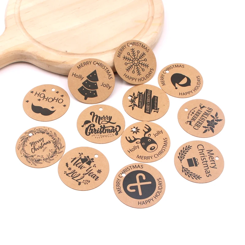 

100pcs/lot 4cm Kraft Paper Round Labels Merry Christmas DIY Tags Wish Message Board Colorful Gift Party Cards
