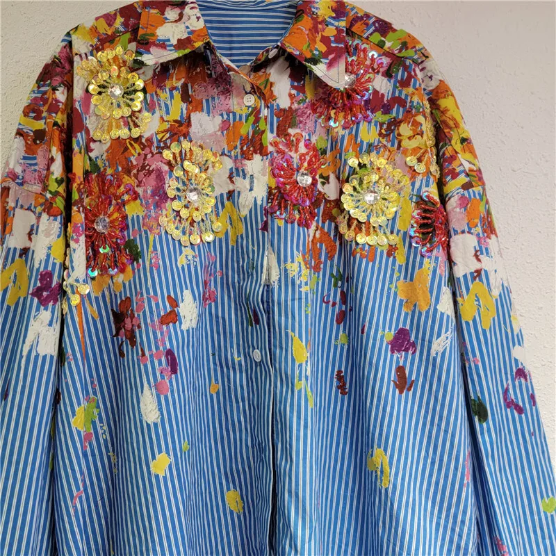 DEAT женская рубашка свободная однобортная блузка в полоску с принтом и блестками