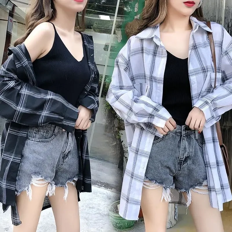 

Plaid Shirt Female Students 2023Spring Summer New Thin Jacket Korean Loose Joker Long-Sleeved Sunscreen Clothing Coat Women Tops