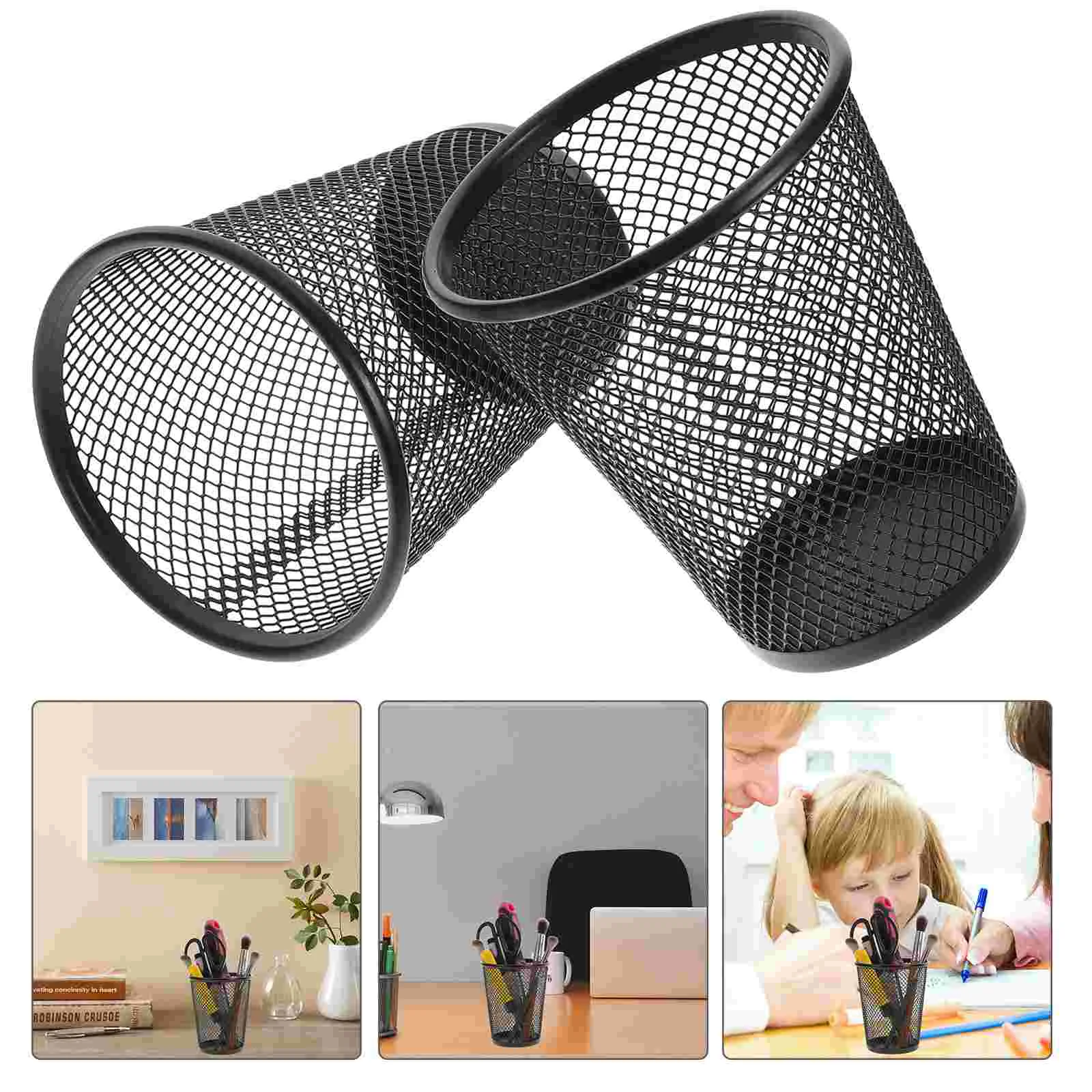 

Holder Pen Metal Brush Organizer Cup Desktop Desk Makeup Mesh Holders Black Stationery Office Utensil Kitchen Jar Marker Round