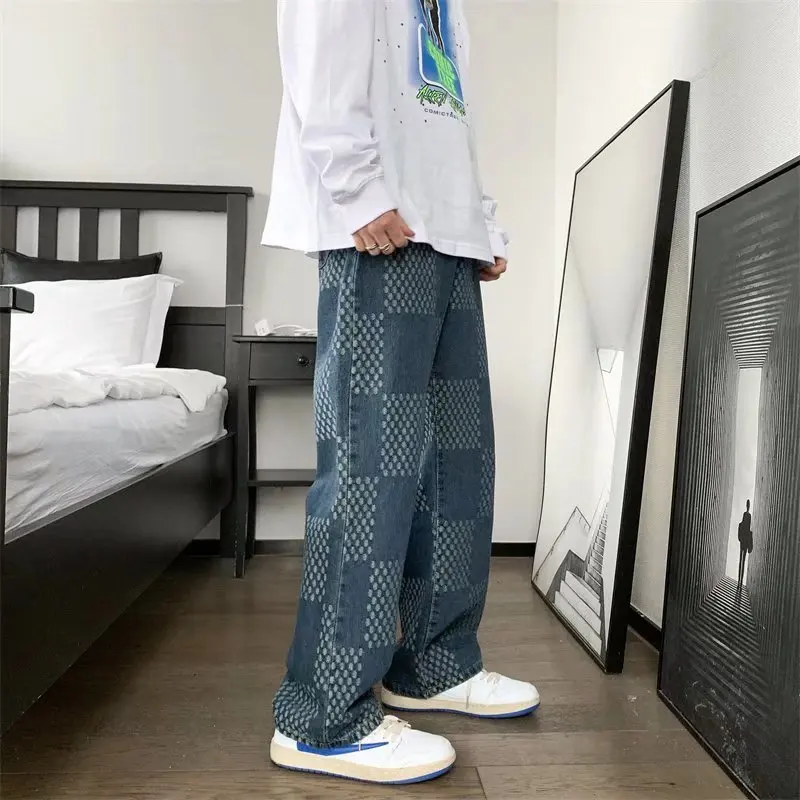 Mens Printed Jeans 2023 New Darker Blue Straight Lift Pattern Loose High Street Casual Boyfriend Pants