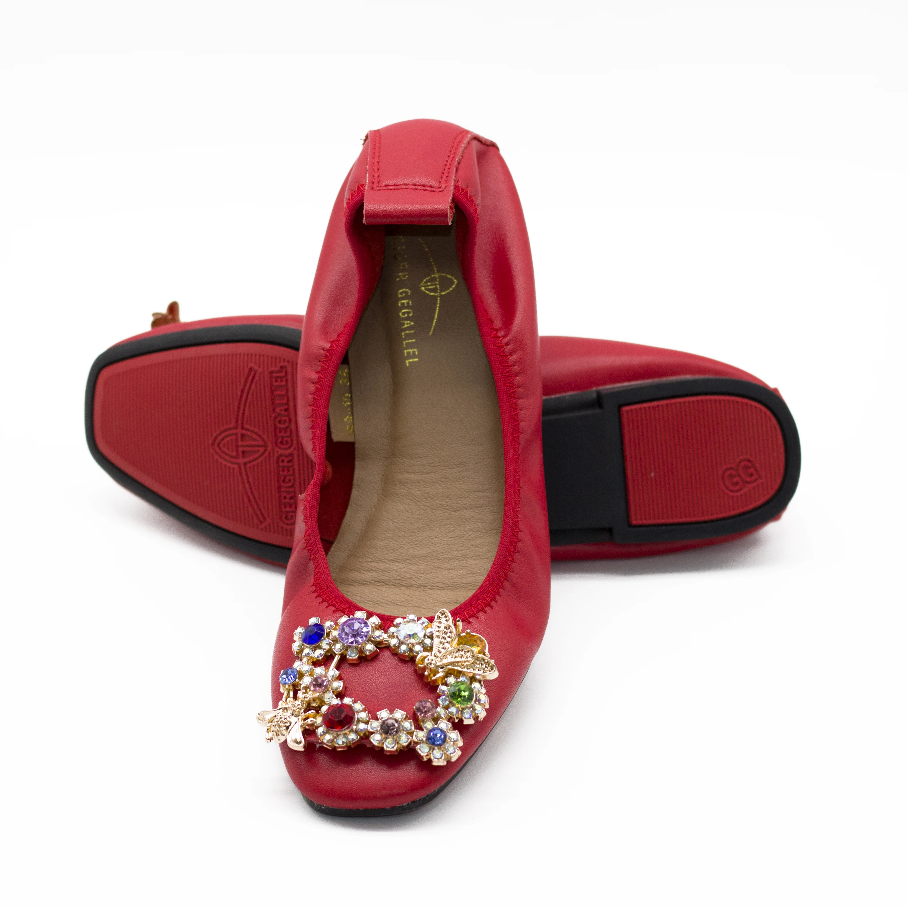 169-10 Red Floral Rhinestone Women Ballet Flats Party Wedding Dancing Banana Shoes Comfort Women's Flat Shoes for Girls