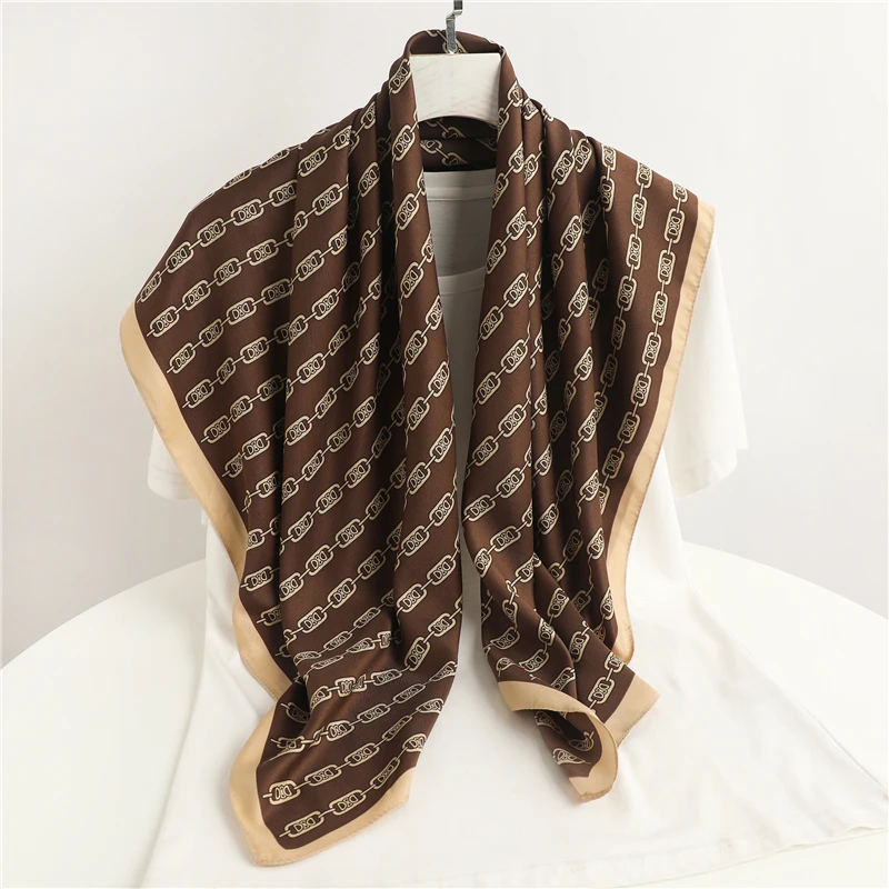 

90cm Muslim Hijab Twill Silk Square Scarf for Women Luxury Headband Shawl Wrap Print Foulard Neckerchief Female Bandana 2021 New