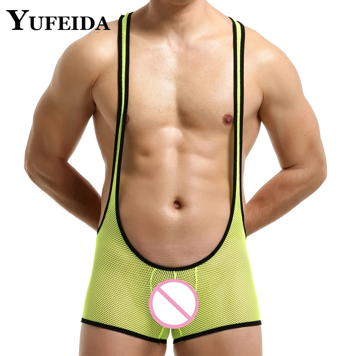 YUFEIDA Mens Sexy See Through Bodysuit One-piece Bodywear Shapers Wrestling Mesh Transparent Jumpsuit Overalls Sleepwear Leotard