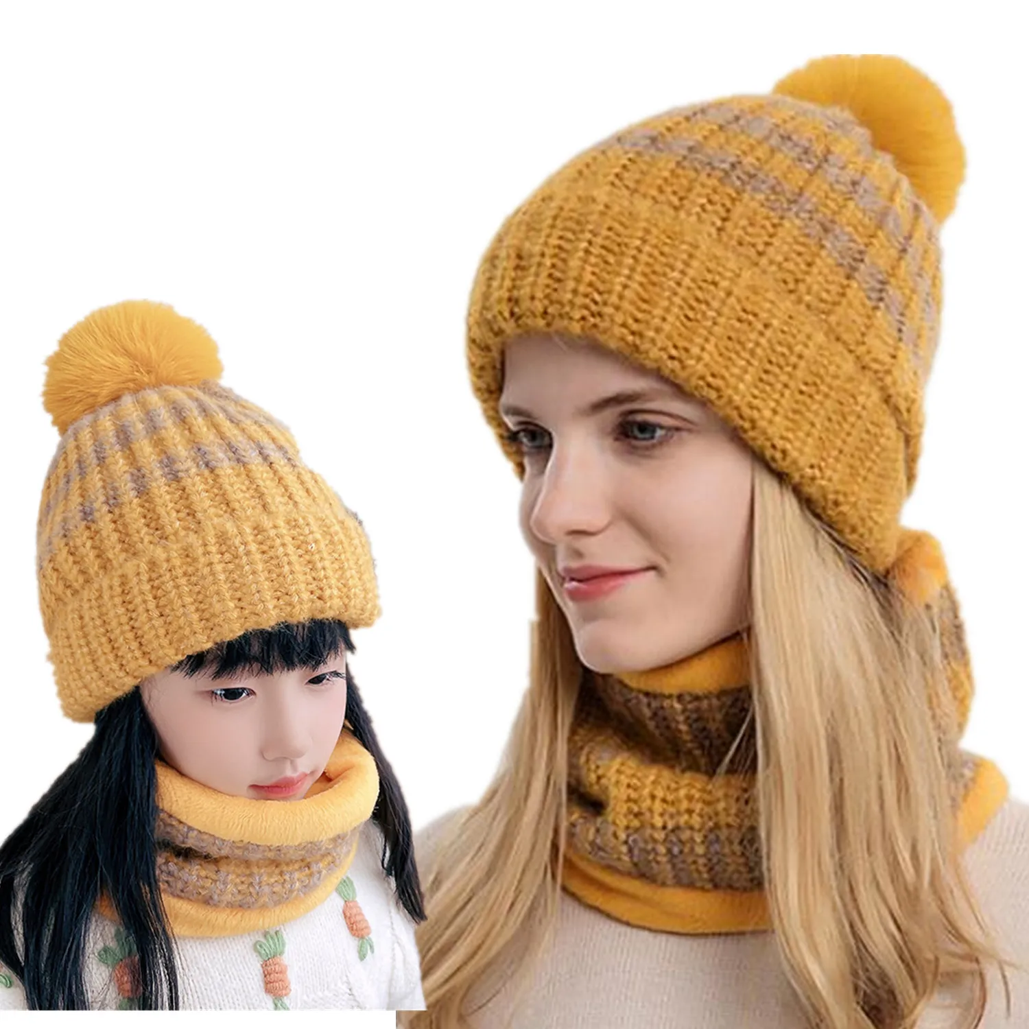 

Family Matching Beanies With Scarf Pom pom Mom And Me Girls For Kids Women Caps Accessories