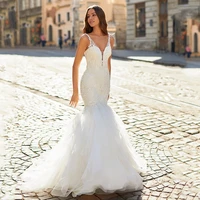 ruffles wedding dresses spaghetti straps backless mermaid trumpe floral applique tulle train sleeveless elegant bridal gowns