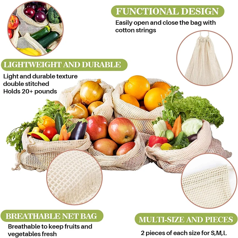 Фото WEEDI 3/5/10 упаковок, экологически чистые пакеты для продуктов, 100% органический хлопок, кухонные многоразовые пакеты для фруктов, мешок для овощей, многоразовая сумка для продуктов №2