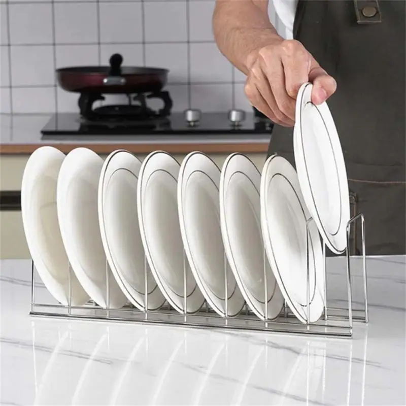 

Stainless Steel Pan Bowl Storage Household Dish Rack Plates Drainage Rack Pot Lid Holder 7 Slots Shelf Kitchen Accessories