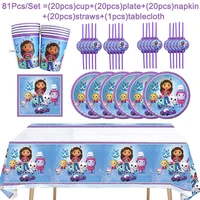gabby dollhouse 20 people girls birthday party decorations cutlery set cups plates straws baby shower gifts doll house supplies