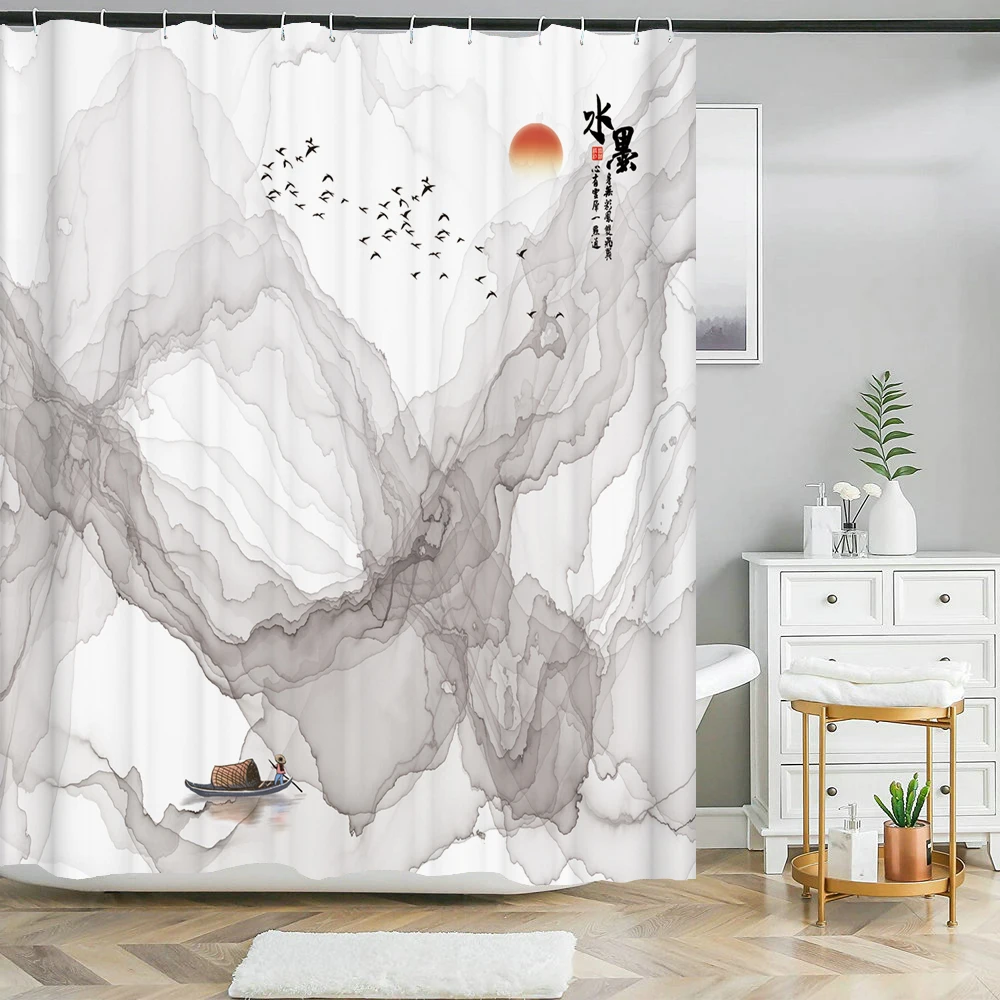 

High Quality Shower Curtain Printing Chinese style Ink landscape Waterproof Bathroom Curtains Decor Polyester Fabric with Hooks