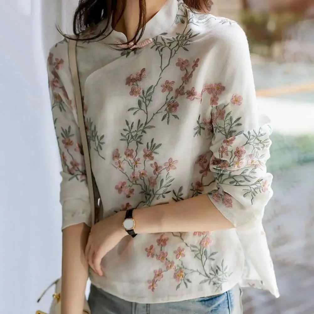 

Elegant Linen Shirt Cheongsam Chinese Style High Quality Flower Embroidery Long Sleeve Autumn Tops Cotton and Linen Blouse
