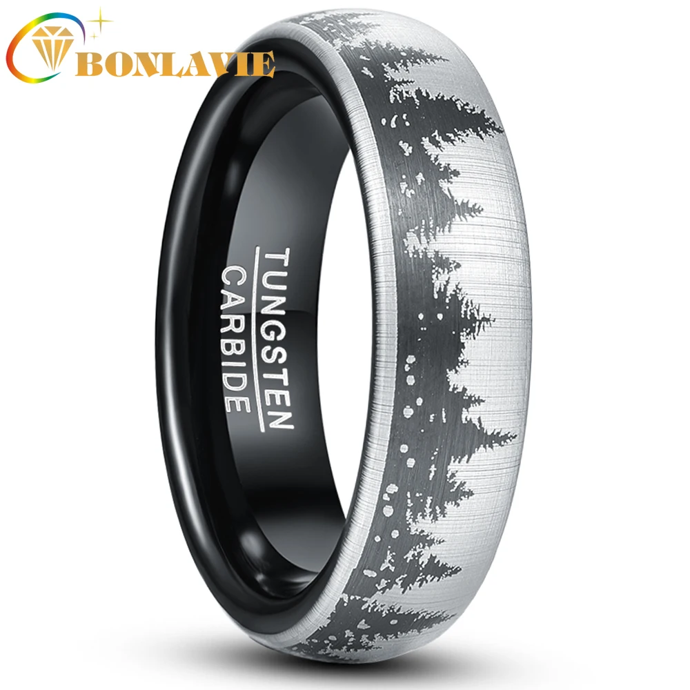 

BONLAVIE 6mm Tungsten Carbide Ring Black Laser Forest Fir Tree Christmas Tree Pattern Steel Ring Men's Wedding Jewelry Best Gift