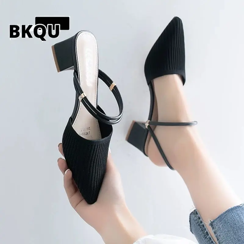 

BKQU Pointed Toe Suede Square heel High heels slippers women 2022 summer shoes women Fashion Patchwork Shallow ladies shoes
