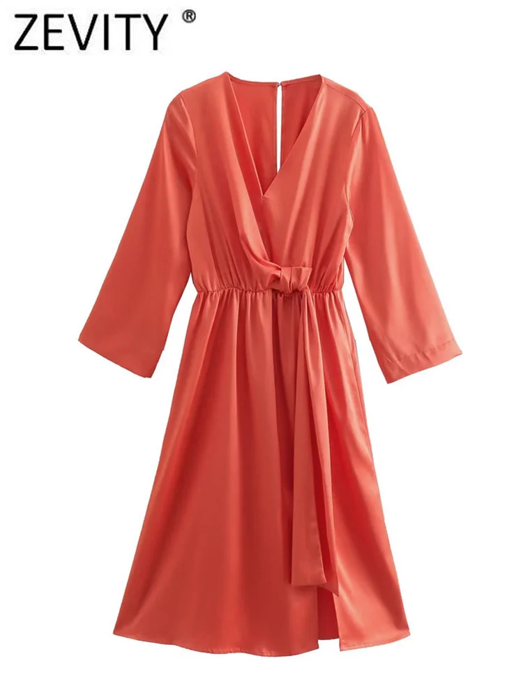 

Zevity Women Fashion V Neck Solid Color Knotted Design Pleats Elastic Waist Satin Dress Female Chic Slim Kimono Vestidos DS1557