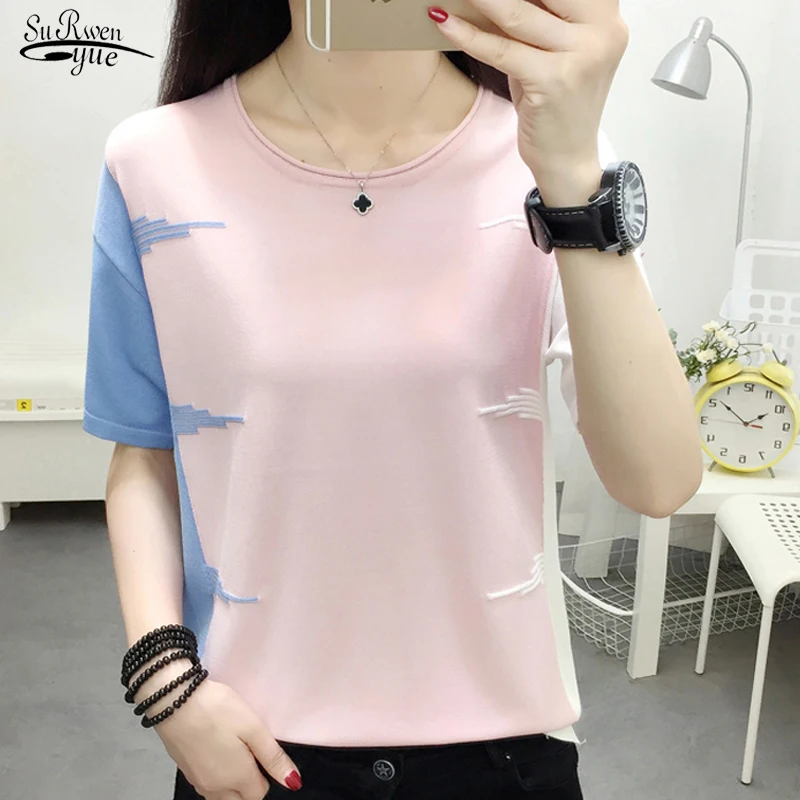 

Sweet Tie Dye Pink O-Neck Loose T Shirt Women 2022 Summer Thin Knitted T-Shirt Casual Fashion Tops Vintage Tee Shirt Femme 13448