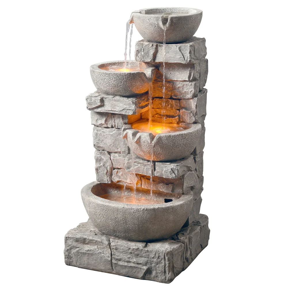 Teamson Home Stacked Stone Tiered Bowl Fountain with LED Light, Gray Water Fountain  Waterfall Fountain  Fountain