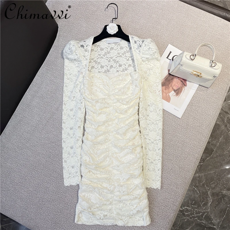 

Женское короткое платье с длинным рукавом, облегающее кружевное платье-трапеция абрикосового цвета с высокой талией и пышными рукавами, зи...