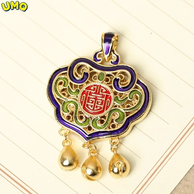 

Fuzi Bell Pendant Cloisonne Copy 100% Real Gold 24k 999 Method Inheritance Burning Blue Style Peace Longevity Lock Chain Jewelry