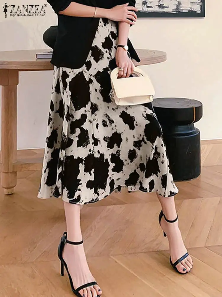 

ZANZEA Women Elastic High Waist Jupe Holiday Fashion Loose Leopard Print Skirt Elegant Casual A-line Zipper Midi Skirt OL Faldas