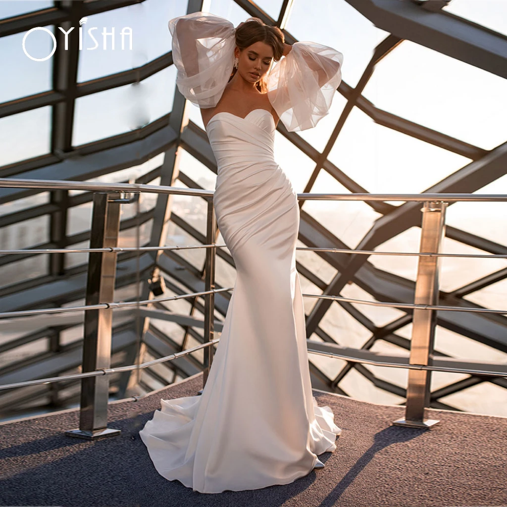 

OYISHA 2023 Sexy Mermaid Wedding Dress Sweetheart Satin Bridal Gown Detachable Puffy Sleeves Backless Custom Made Robe De Mariee