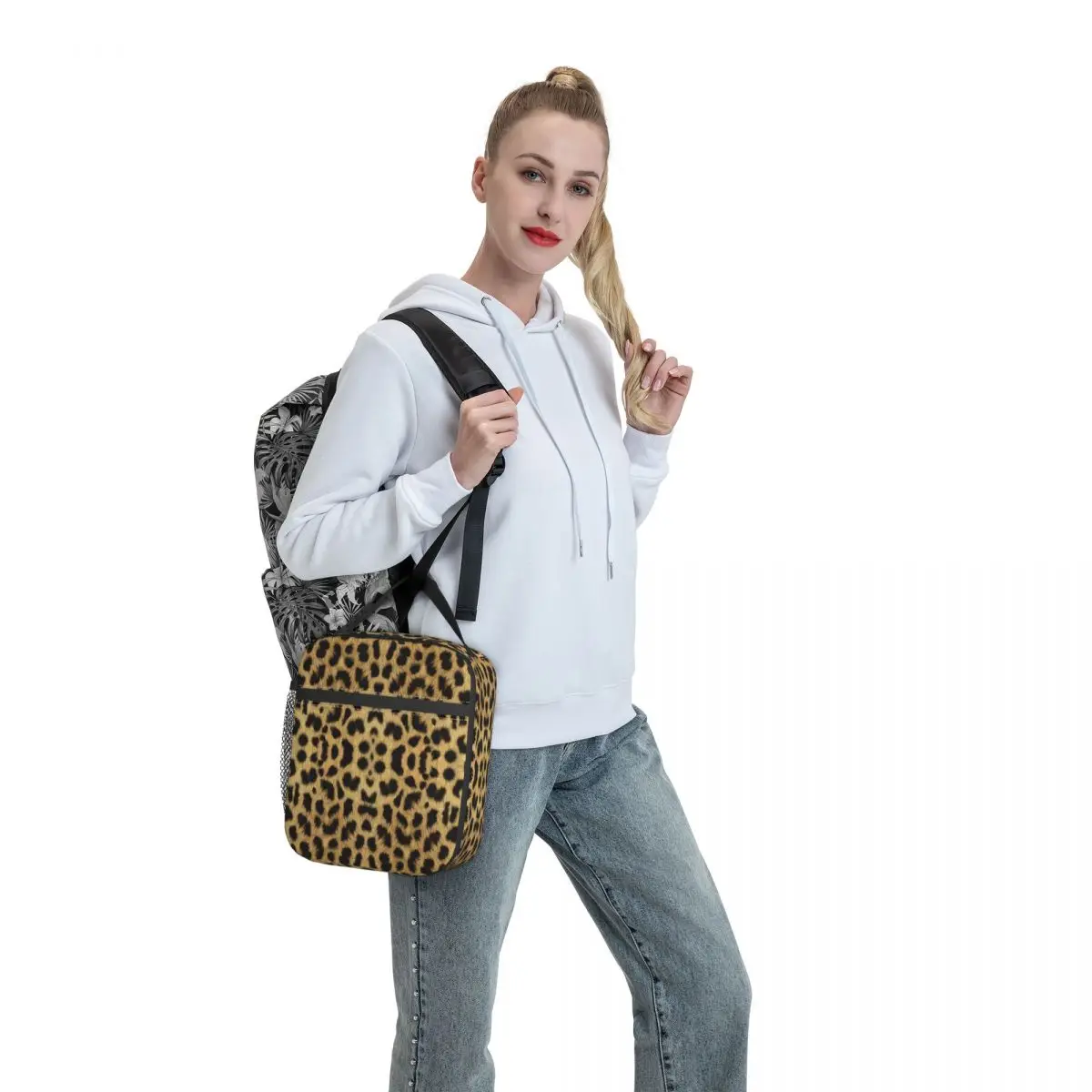 

Animal Pattern Lunch Bag with Handle Leopard Print Beach Mesh Pocket Cooler Bag Clutch Pearl Cotton Beautiful Thermal Bag