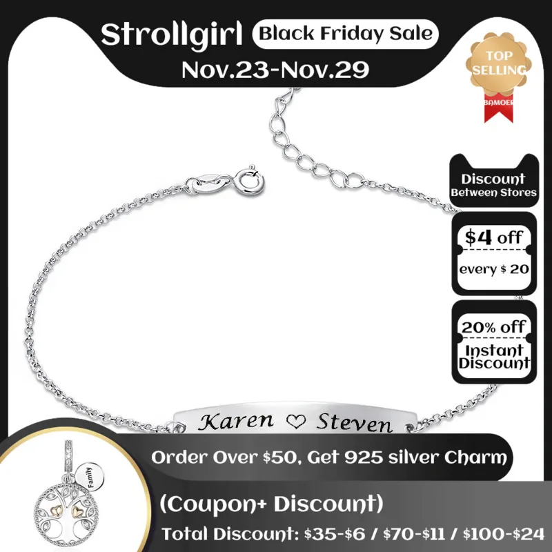 

Strollgirl 925 Sterling Silver Personalized Jewelry Custom Bangle Engraved Name Bracelet for Women Valentine's Gift Free Ship