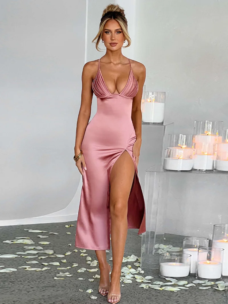 

Elegant Sexy Summer V-neck Backless Mid-calf Evening Dresses for Women 2023 Female Backless High Waist Slit Pink Party Dress