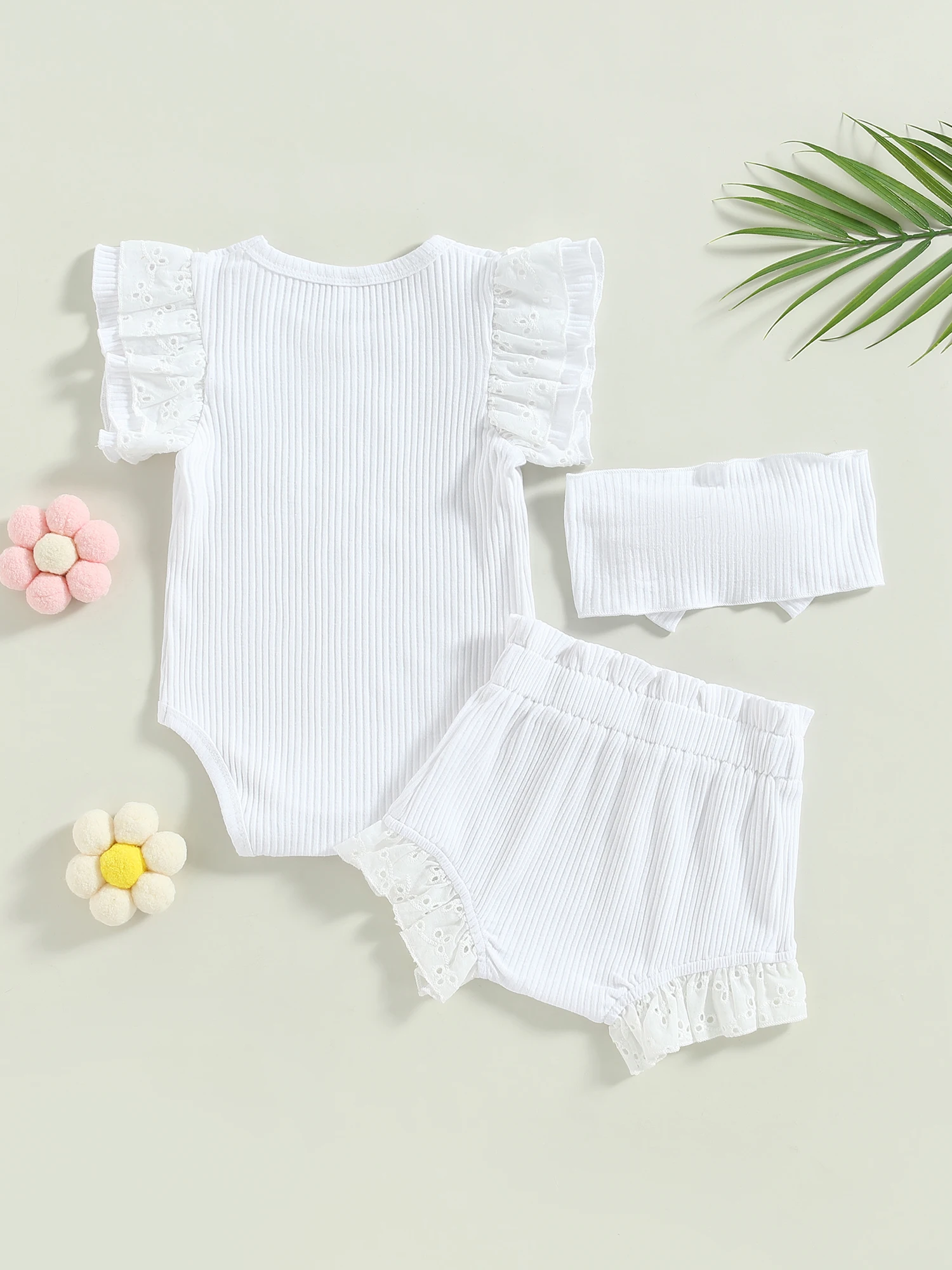 

Baby Girls Floral Print Ruffle Sleeve Romper with Matching Shorts and Headband Set for Summer