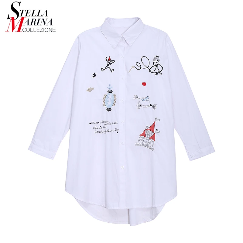 

* New Woman Autumn White Printed Casual Oversized Blouse Korean Style Big Size Loose Hipster Feminine Shirt chemise femme J2007