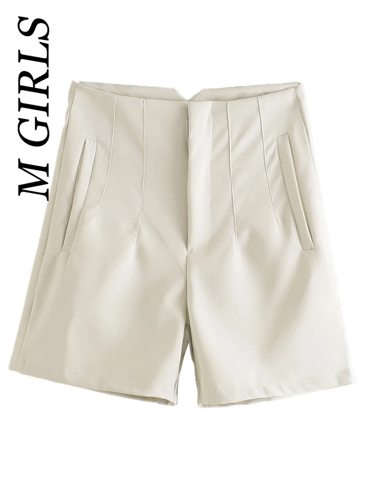 M GIRLS Women Fashion Front Darts Side Pockets Shorts Vintage High Waist Zipper Fly Female Short Pants Mujer