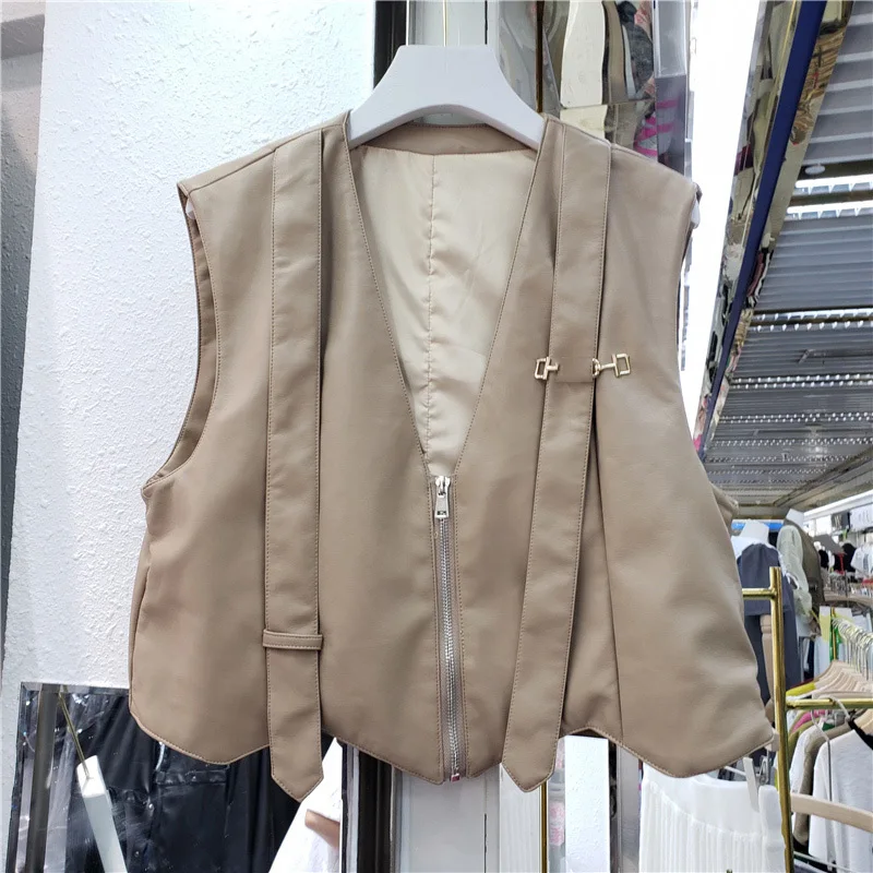 

SeeBeautiful PU Vest Zippper Bandage Sleeveless Street Personality Irregular Women Autumn 2022 New Fashion Tide Q534