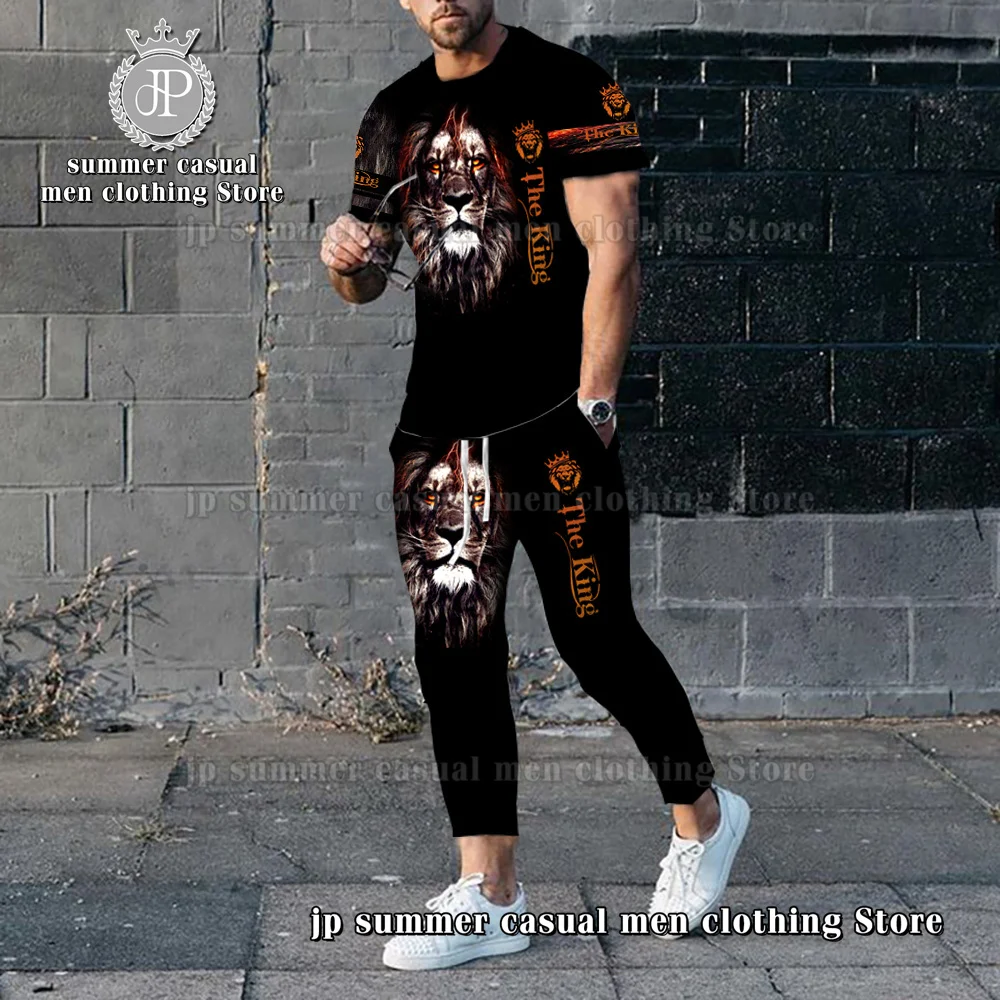 2023 New Men's Tracksuit 2 Piece Lion 3D Print O Neck Short Sleeve T shirt+Long Trousers Street Fashion Casual Men Jogging Set